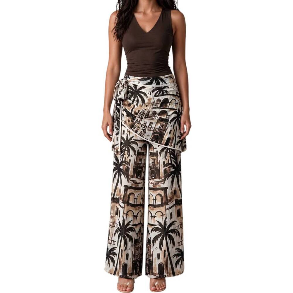 NEW HER BOTTARI scarf-style high-waisted wide leg pants in brown multli